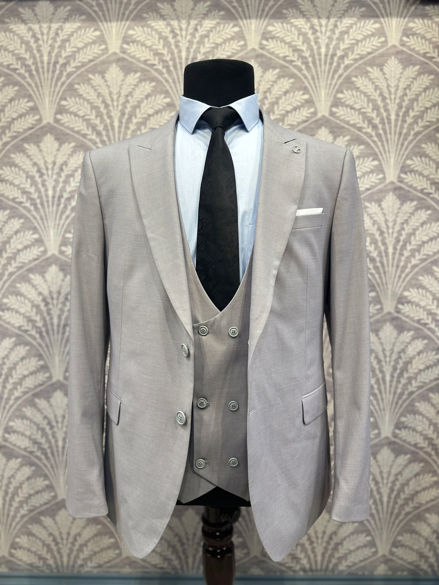 Light Grey Three-Piece Slim Fit Suit with Double-Breasted Waistcoat (Imported)