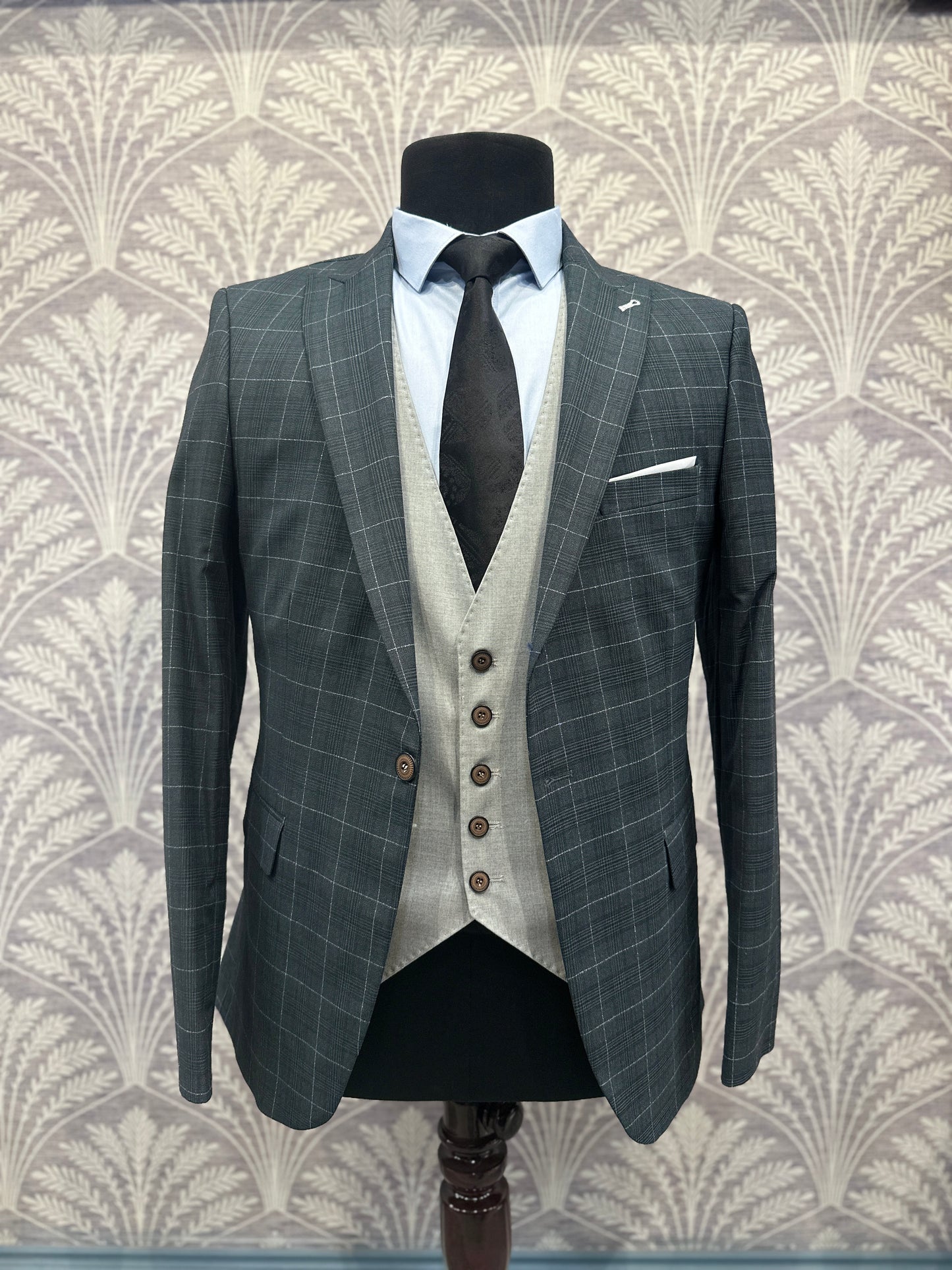 Green Check Three-Piece Slim fit Suit (Imported)