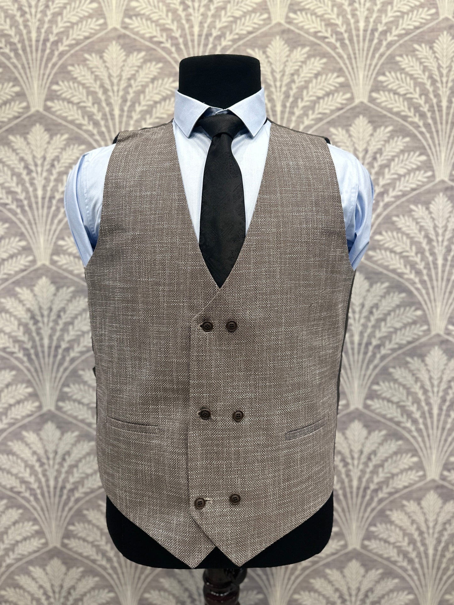 Brown Textured Slim Fit Three-Piece Suit with Double-Breasted Waistcoat (Imported)