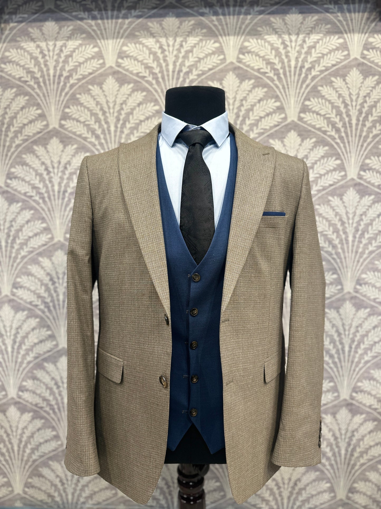 Beige Slim Fit Three-Piece Suit with Reversible Waistcoat