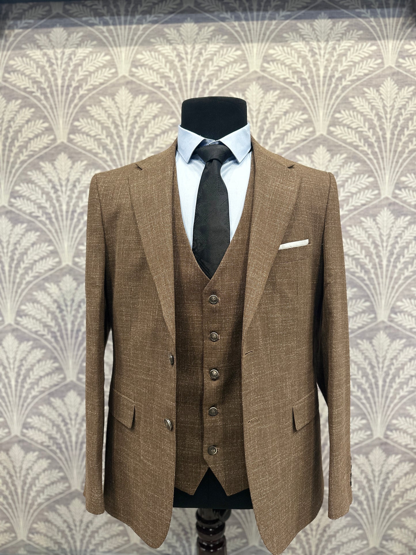 Brown Textured Slim Fit Three-Piece Suit (Imported)
