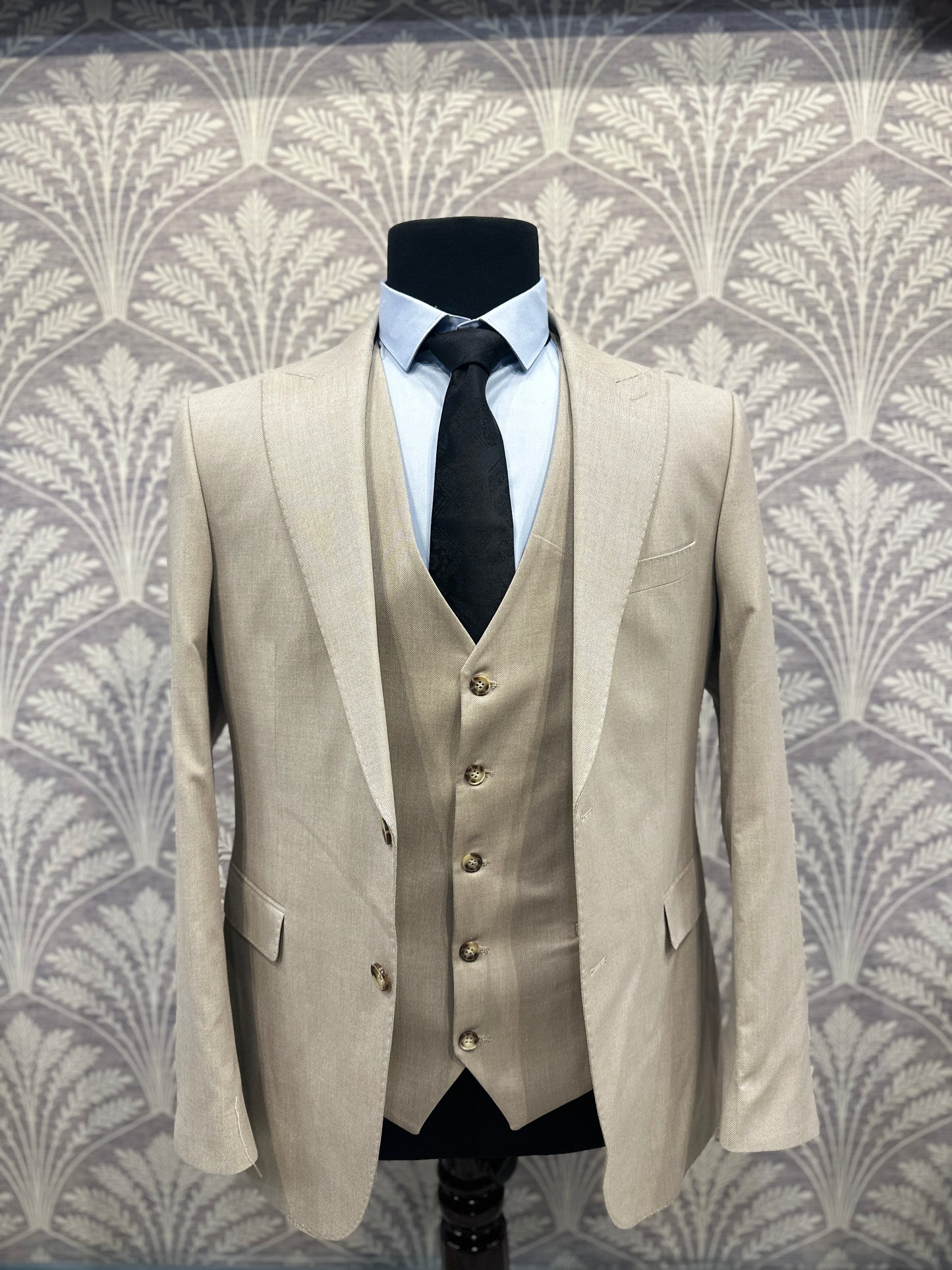 Sand Beige Slim Fit Three-Piece Suit