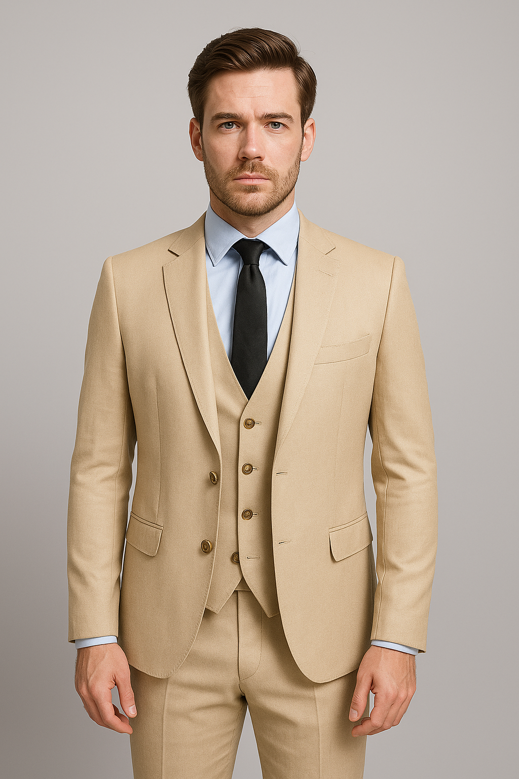 Sand Beige Slim Fit Three-Piece Suit