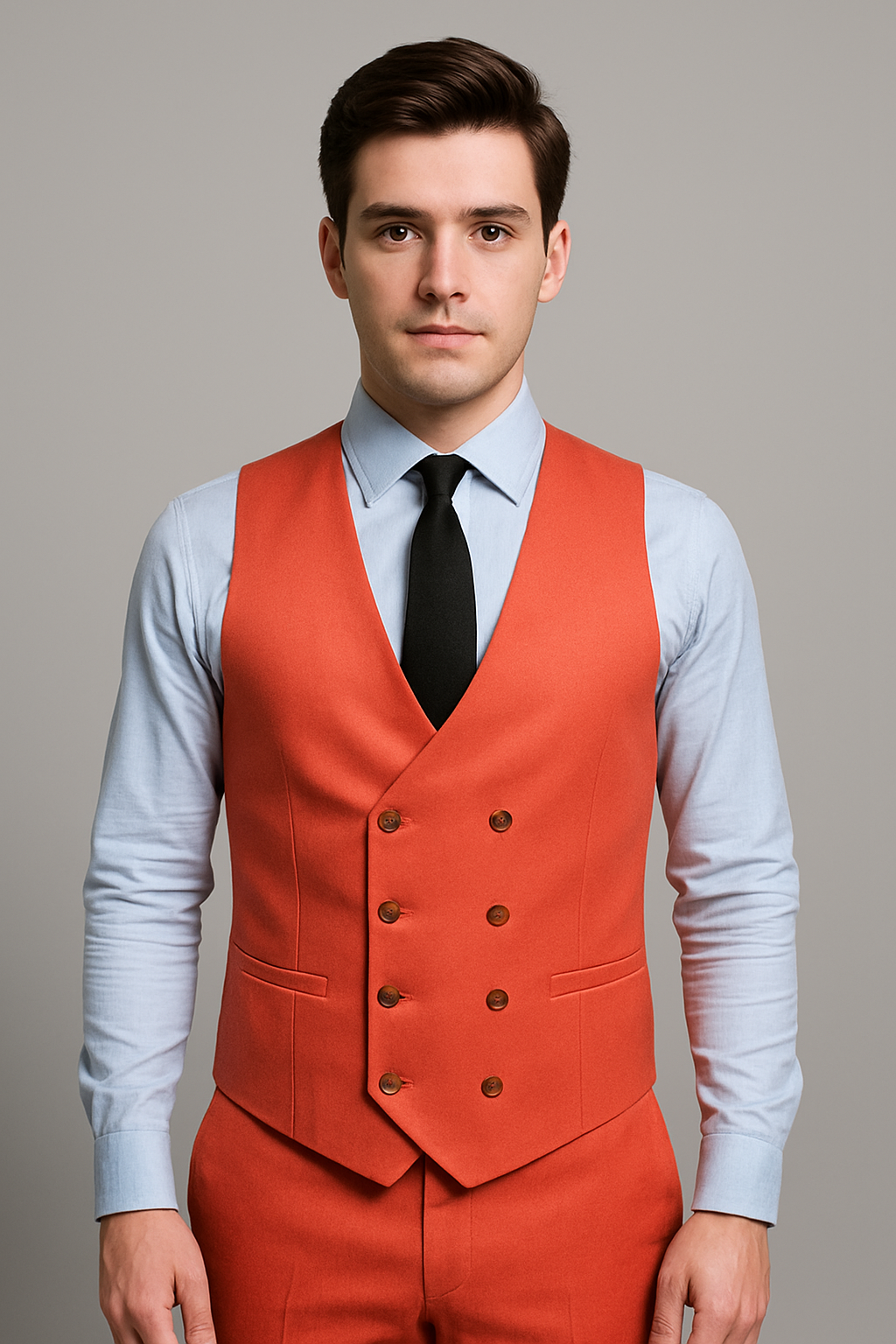 Coral Red Slim Fit Three-Piece Suit with Double-Breasted Waistcoat (Imported)