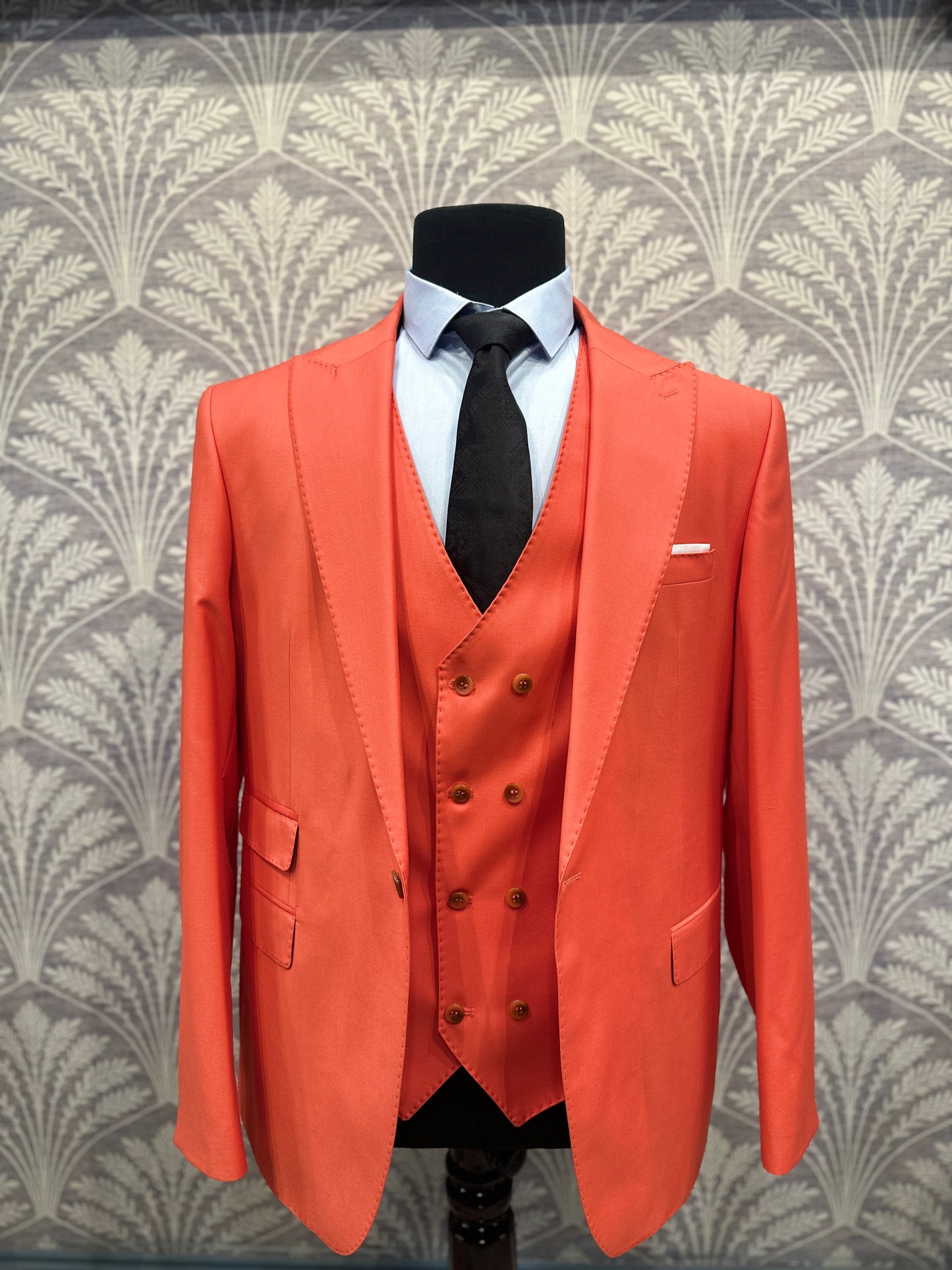 Coral Red Slim Fit Three-Piece Suit with Double-Breasted Waistcoat (Imported)