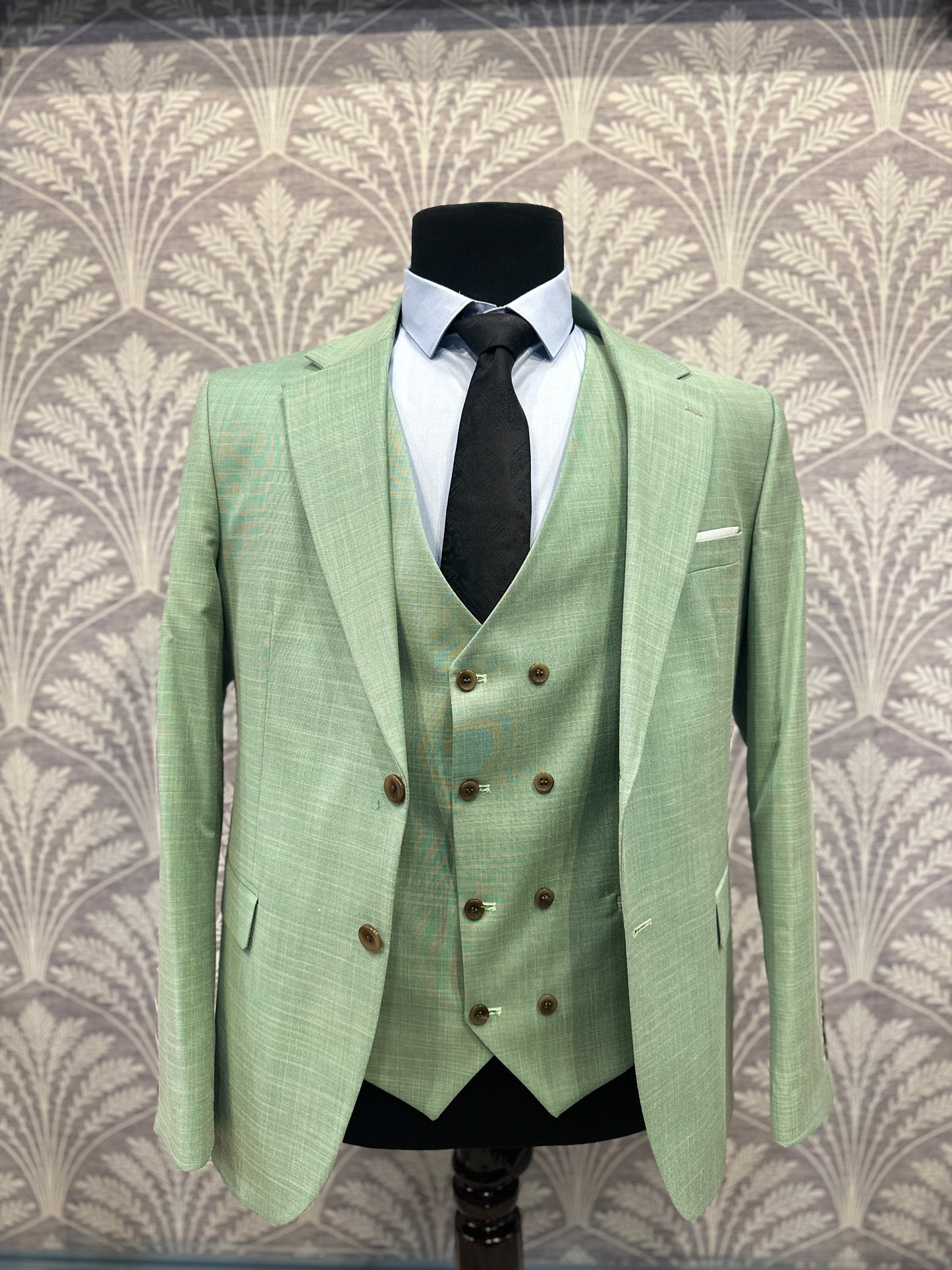 Mint Green Textured Three-Piece Suit with Double-Breasted Waistcoat (Imported)