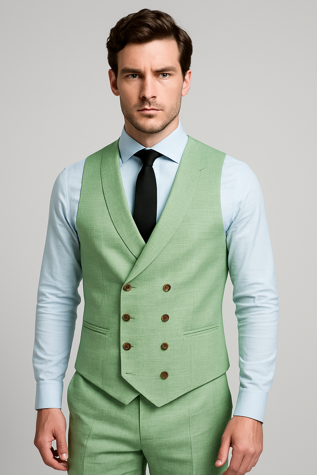 Mint Green Textured Three-Piece Suit with Double-Breasted Waistcoat (Imported)