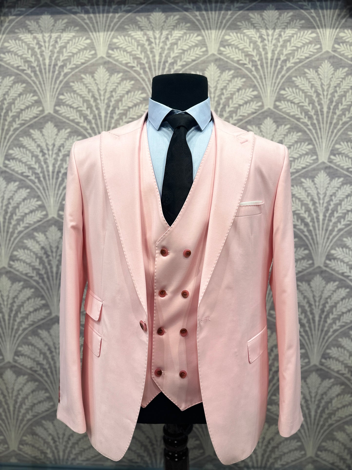 Blush Pink Slim Fit Three-Piece Suit with Double-Breasted Waistcoat