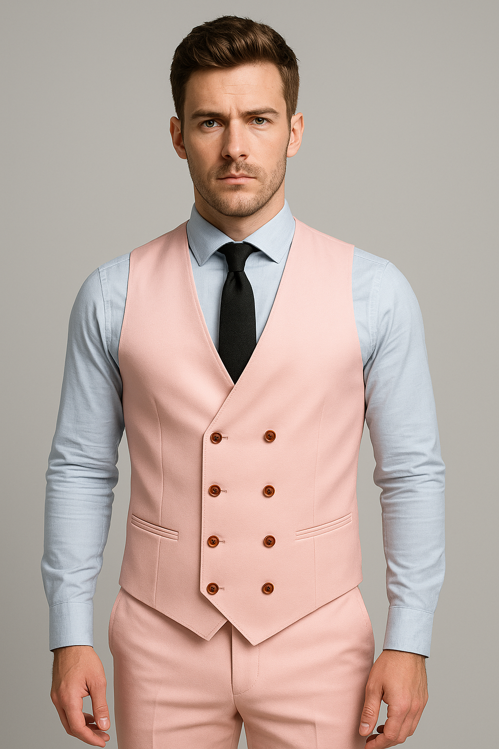 Blush Pink Slim Fit Three-Piece Suit with Double-Breasted Waistcoat