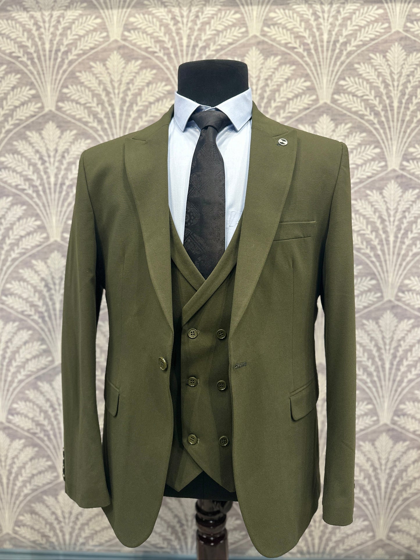 Deep Green Slim Fit Three-Piece Suit with Double-Breasted Waistcoat (Imported)