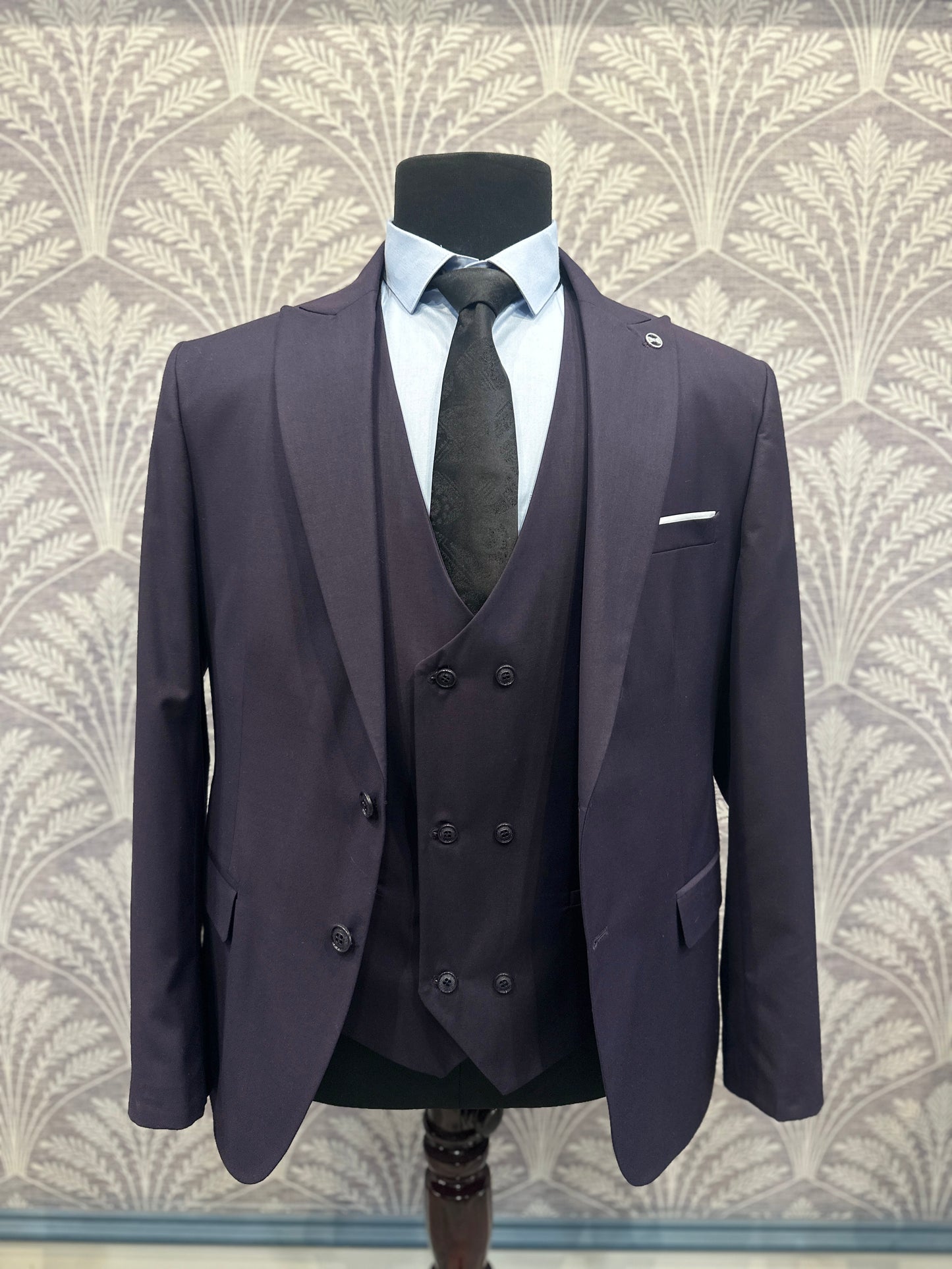 Royal Purple Slim Fit 3-Piece Suit with Double-Breasted Waistcoat (Imported)