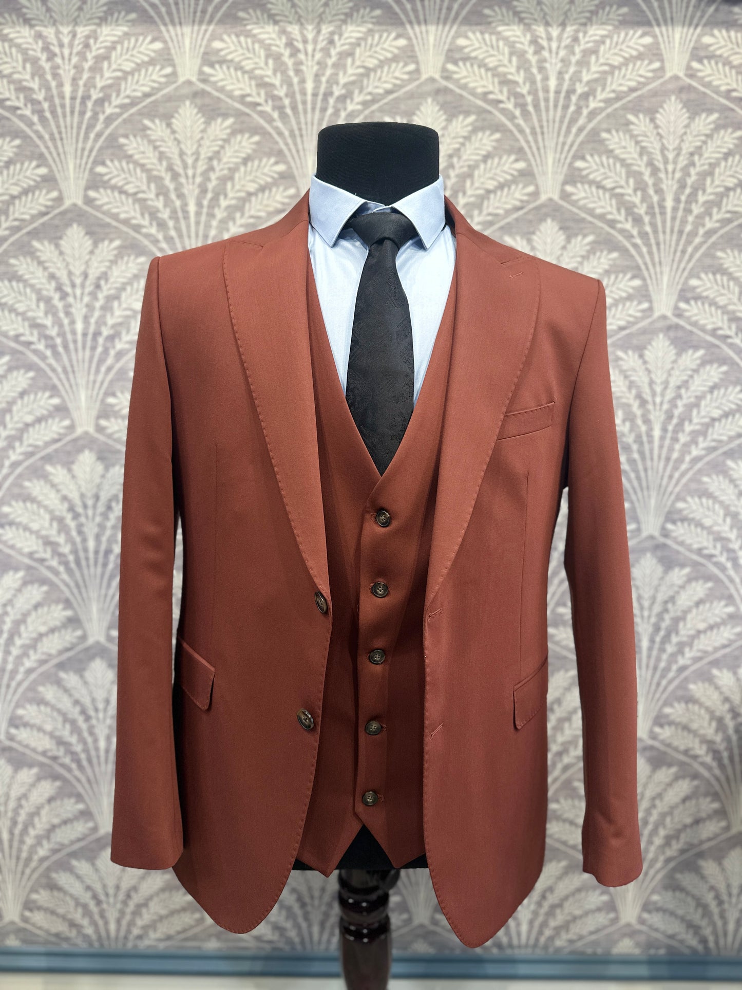 Burnt Rust Slim Fit 3-Piece Suit with Classic Waistcoat