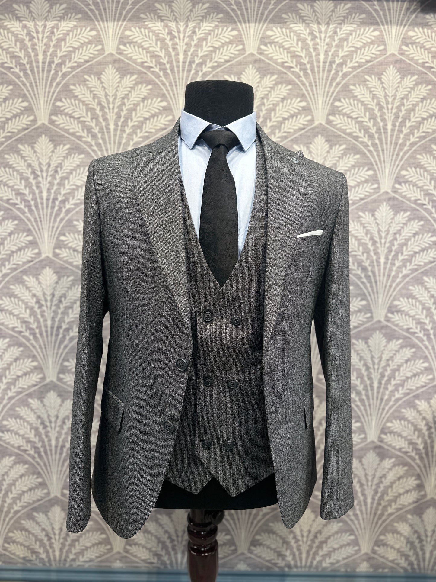 Graphite Grey 3-Piece Slim Fit Suit with Double-Breasted Waistcoat