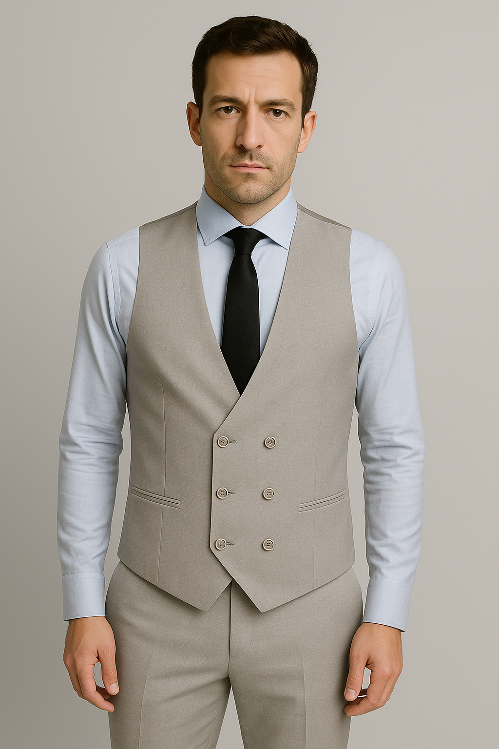 Light Grey Three-Piece Slim Fit Suit with Double-Breasted Waistcoat (Imported)