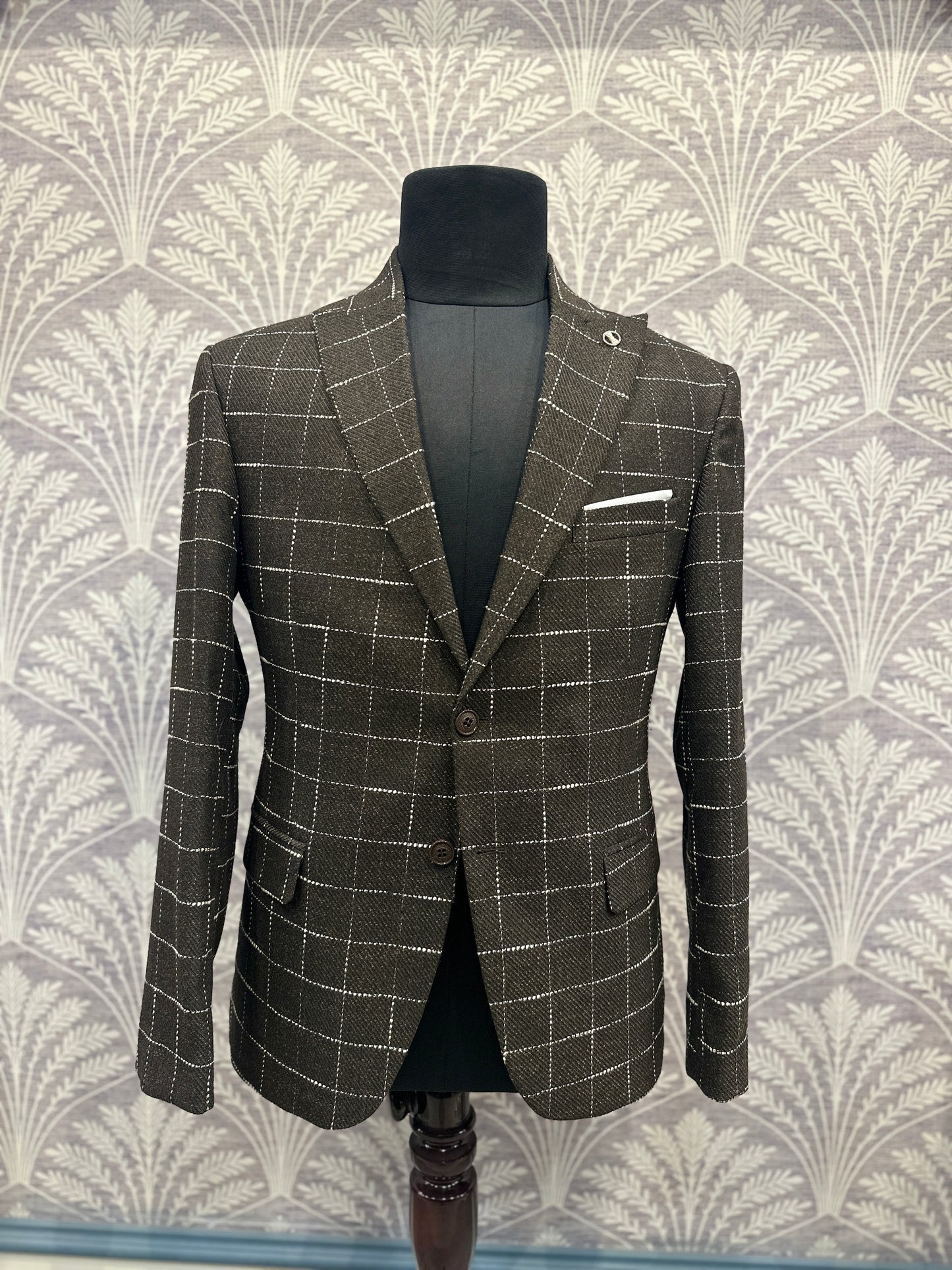 Brown Check Blazer with White Line Details Slim-fit (Imported)