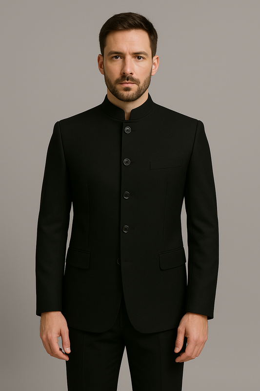 Textured Black Slim Fit Bandhgala Suit with Pants