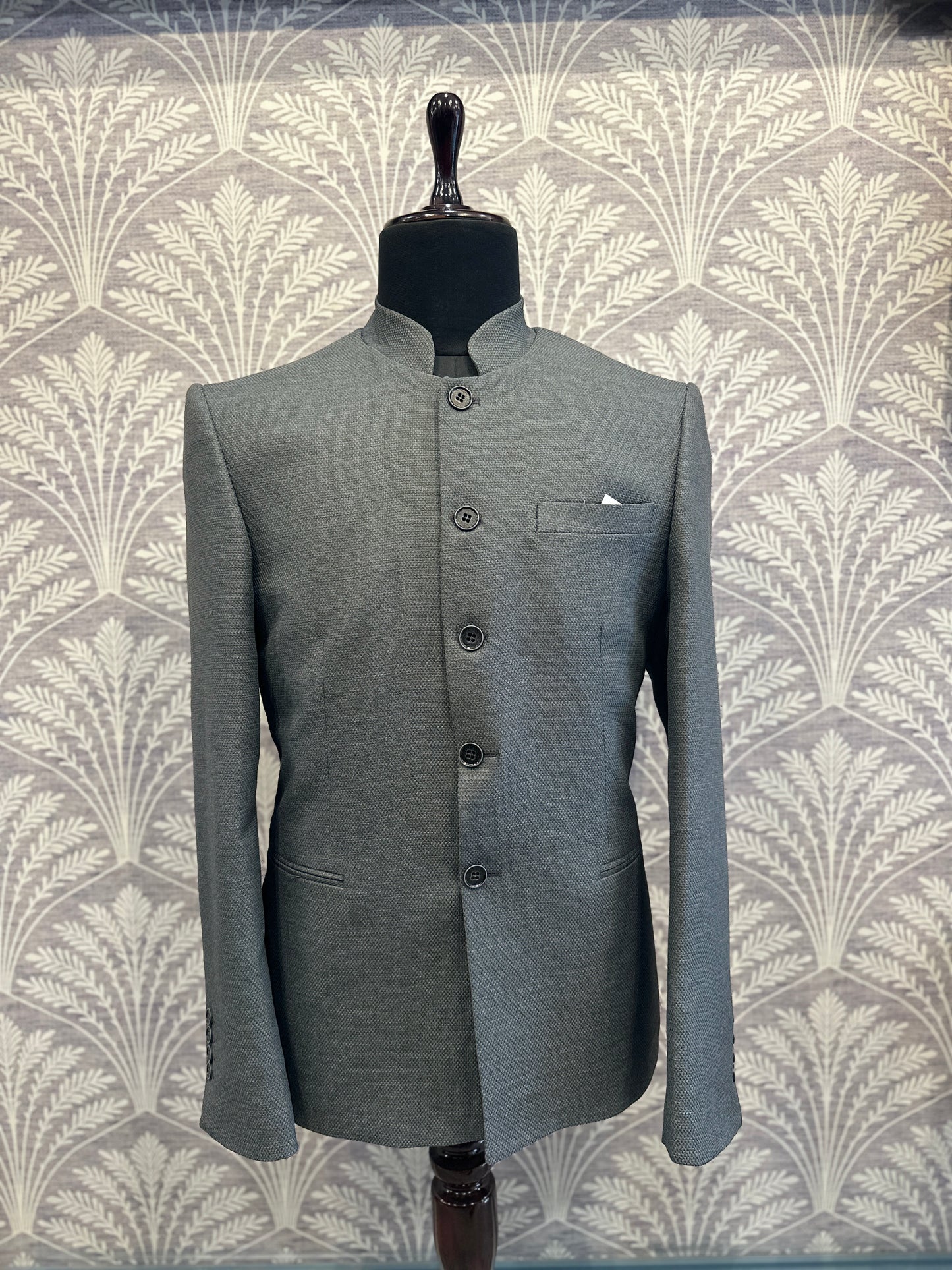 Textured Grey Slim Fit Bandhgala Suit with Pants
