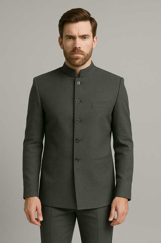 Textured Grey Slim Fit Bandhgala Suit with Pants