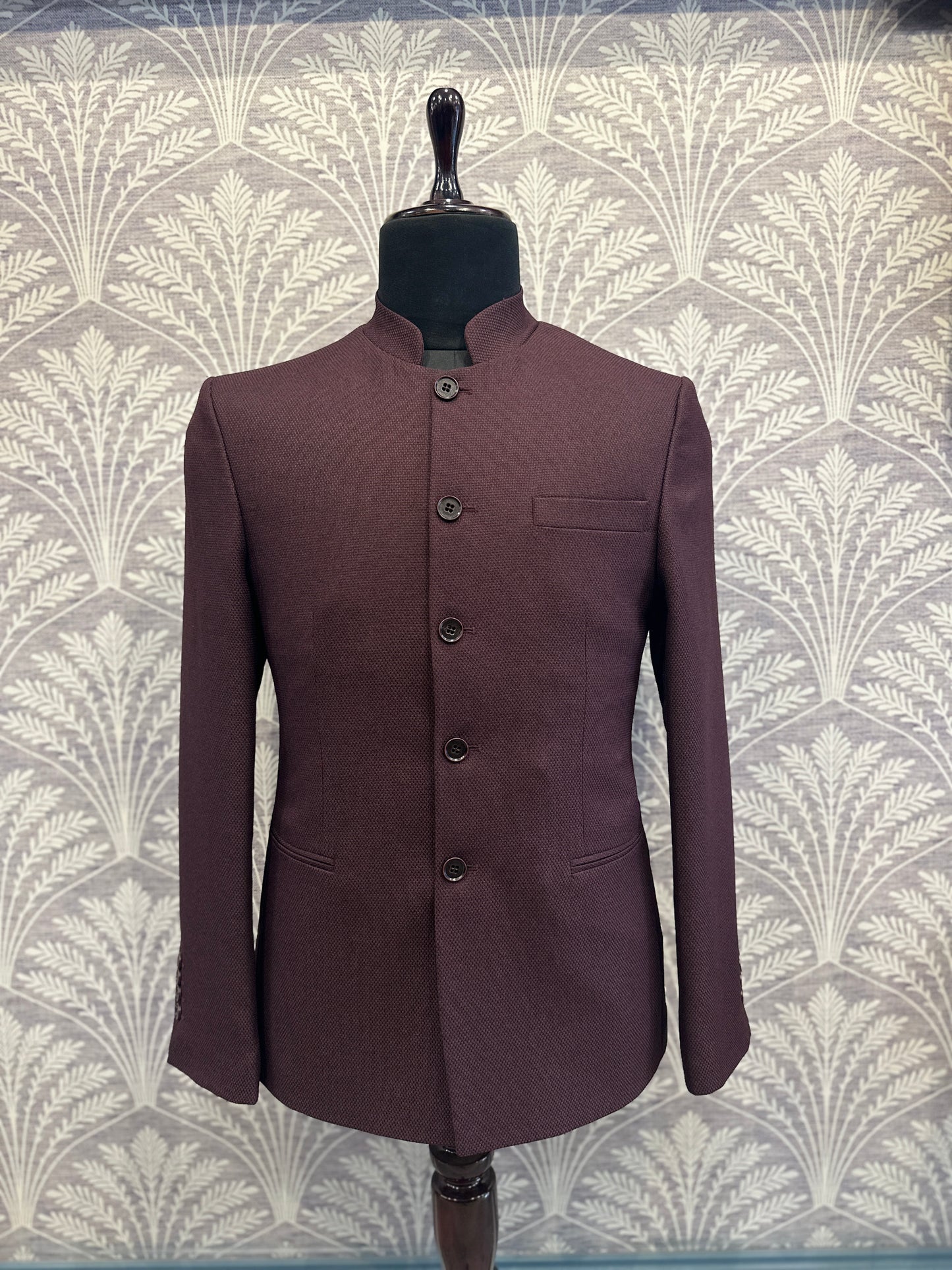 Textured Wine Slim Fit Bandhgala Suit with Pants