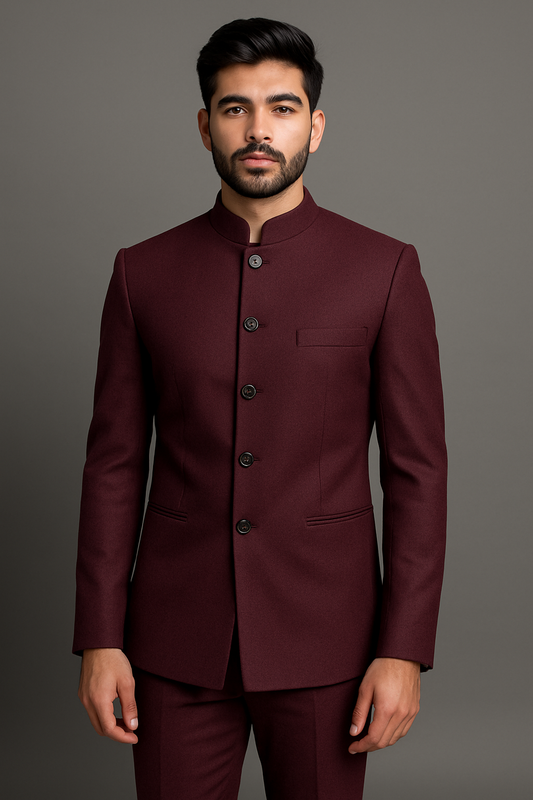 Textured Wine Slim Fit Bandhgala Suit with Pants