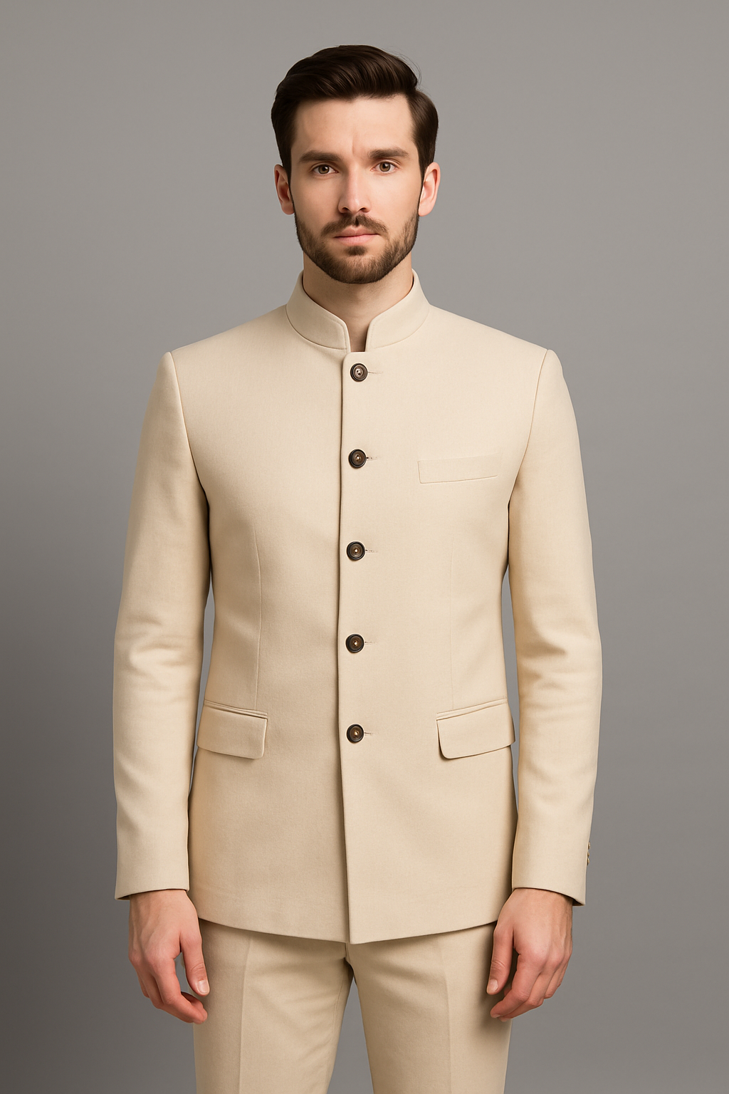 Classic Cream Slim Fit Bandhgala Suit with Pants