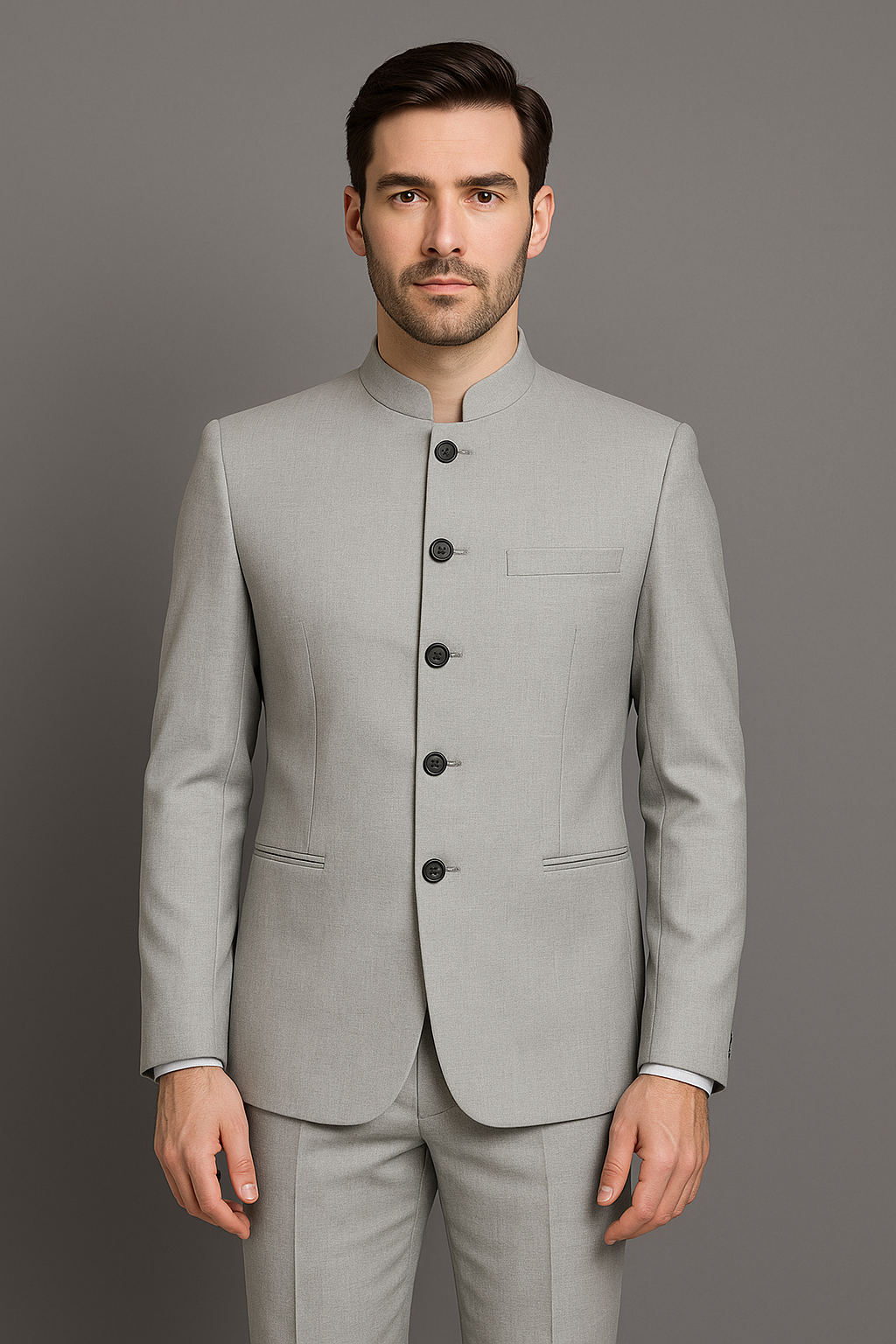 Light Grey Slim Fit Bandhgala Suit with Pants