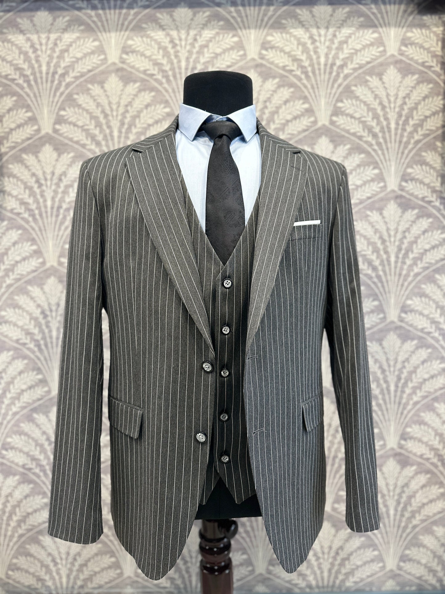 Grey Pinstripe Slim Fit Suit – 3 Piece Set (Imported)