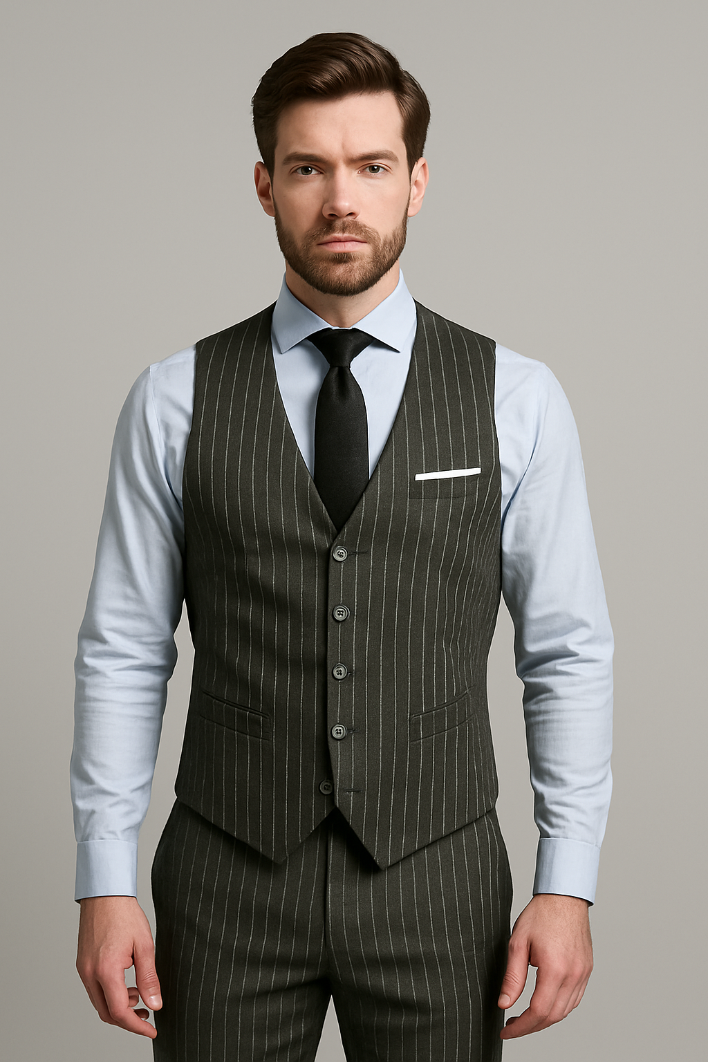 Grey Pinstripe Slim Fit Suit – 3 Piece Set (Imported)