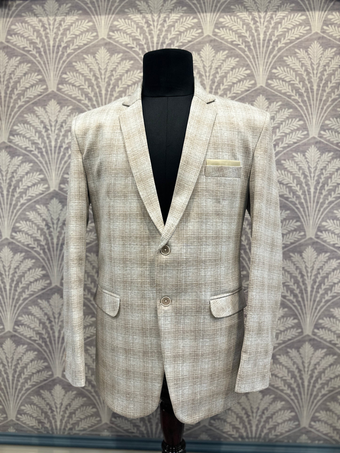 Beige Textured Check Blazer – Regular Fit (Indian Collection)