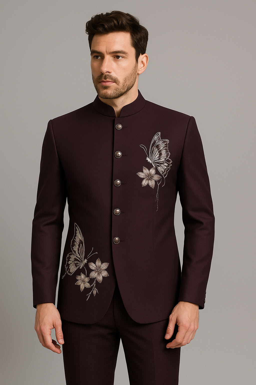 Maroon Embroidered Bandhgala Suit – 2 Piece | Regular Fit (Indian Collection)