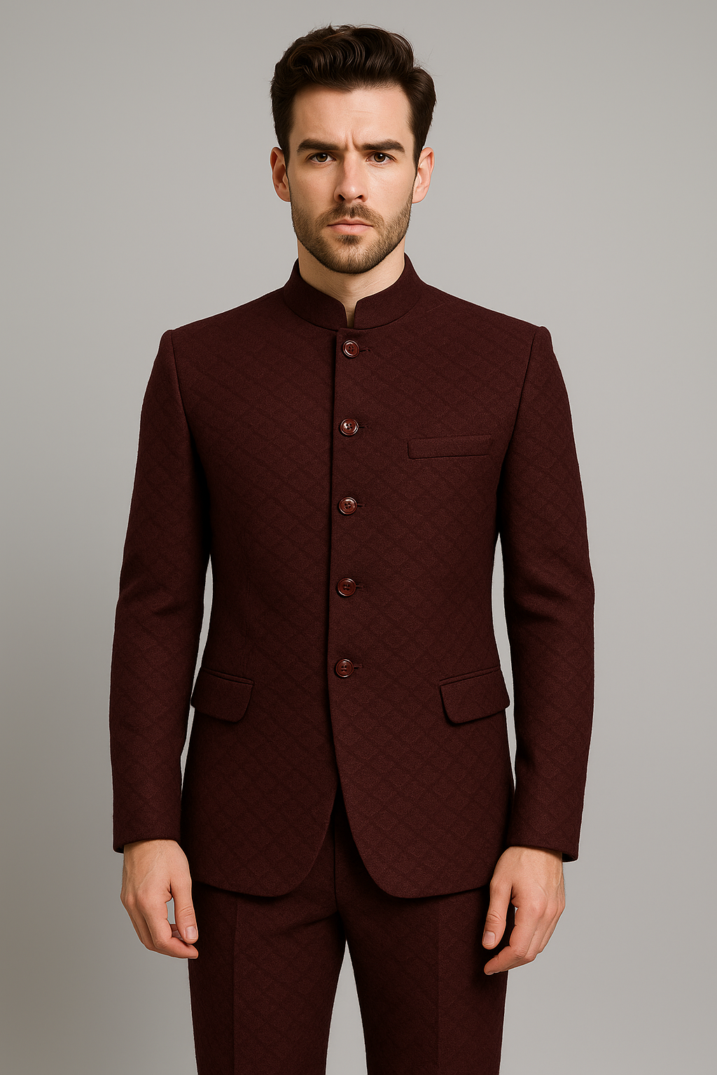 Maroon Textured Bandhgala Suit – 2 Piece | Regular Fit (Indian Collection)