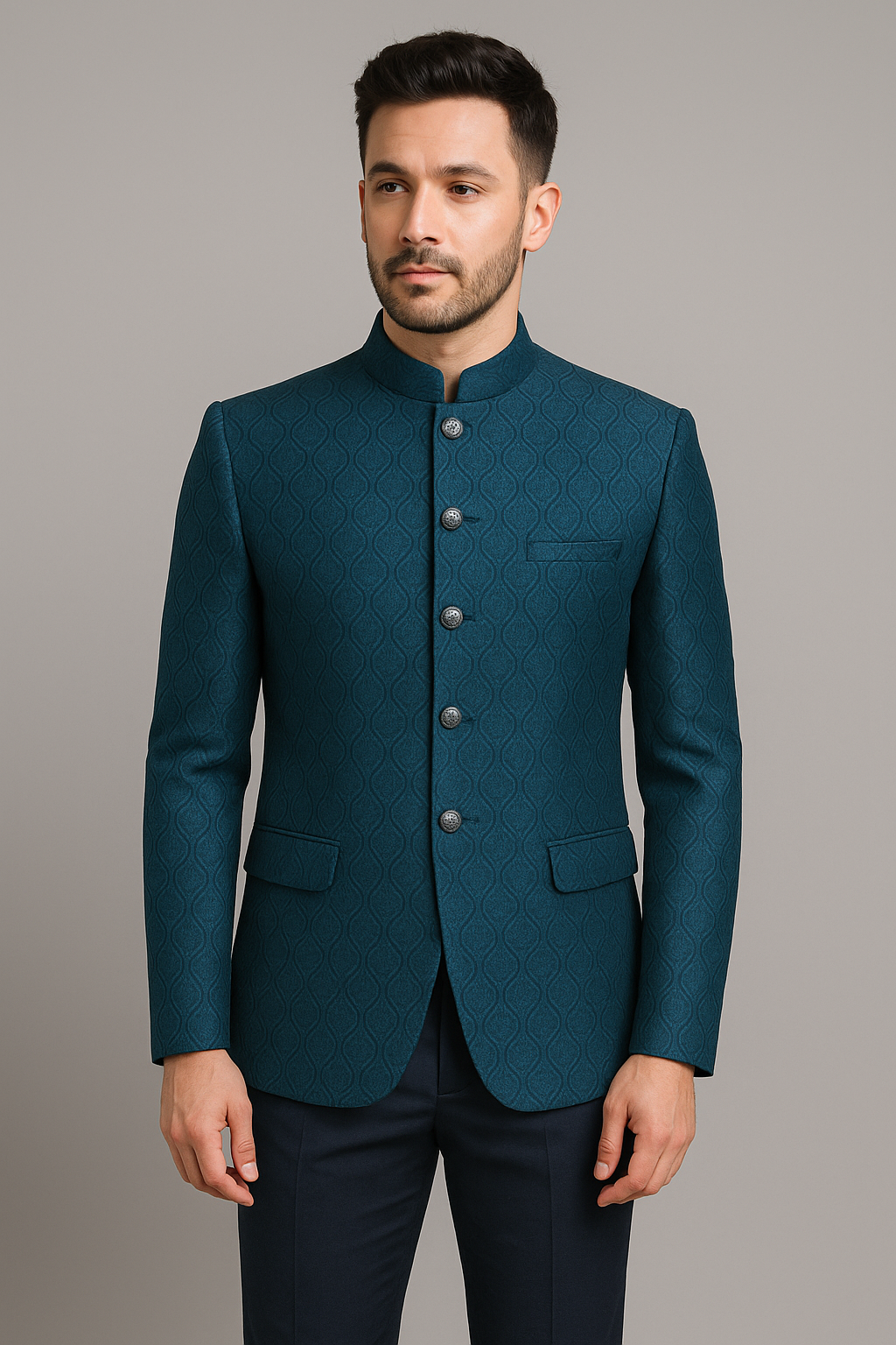 Teal Blue Jacquard Bandhgala Blazer – Regular Fit (Indian Collection)