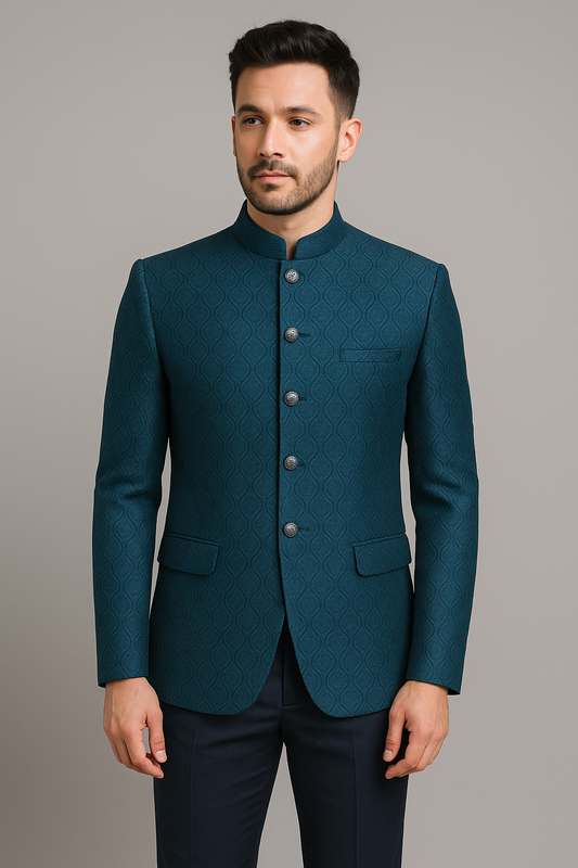 Teal Blue Jacquard Bandhgala Blazer – Regular Fit (Indian Collection)