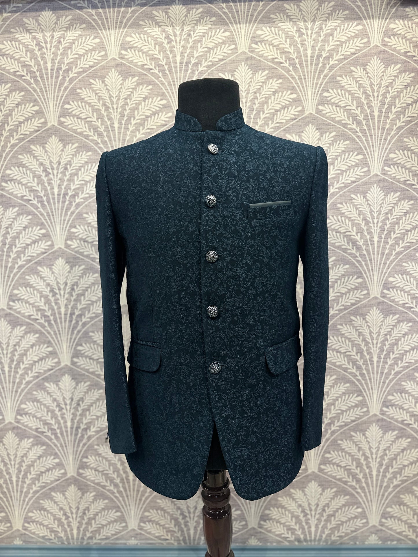 Deep Teal Floral Jacquard Bandhgala Blazer – Regular Fit (Indian Collection)