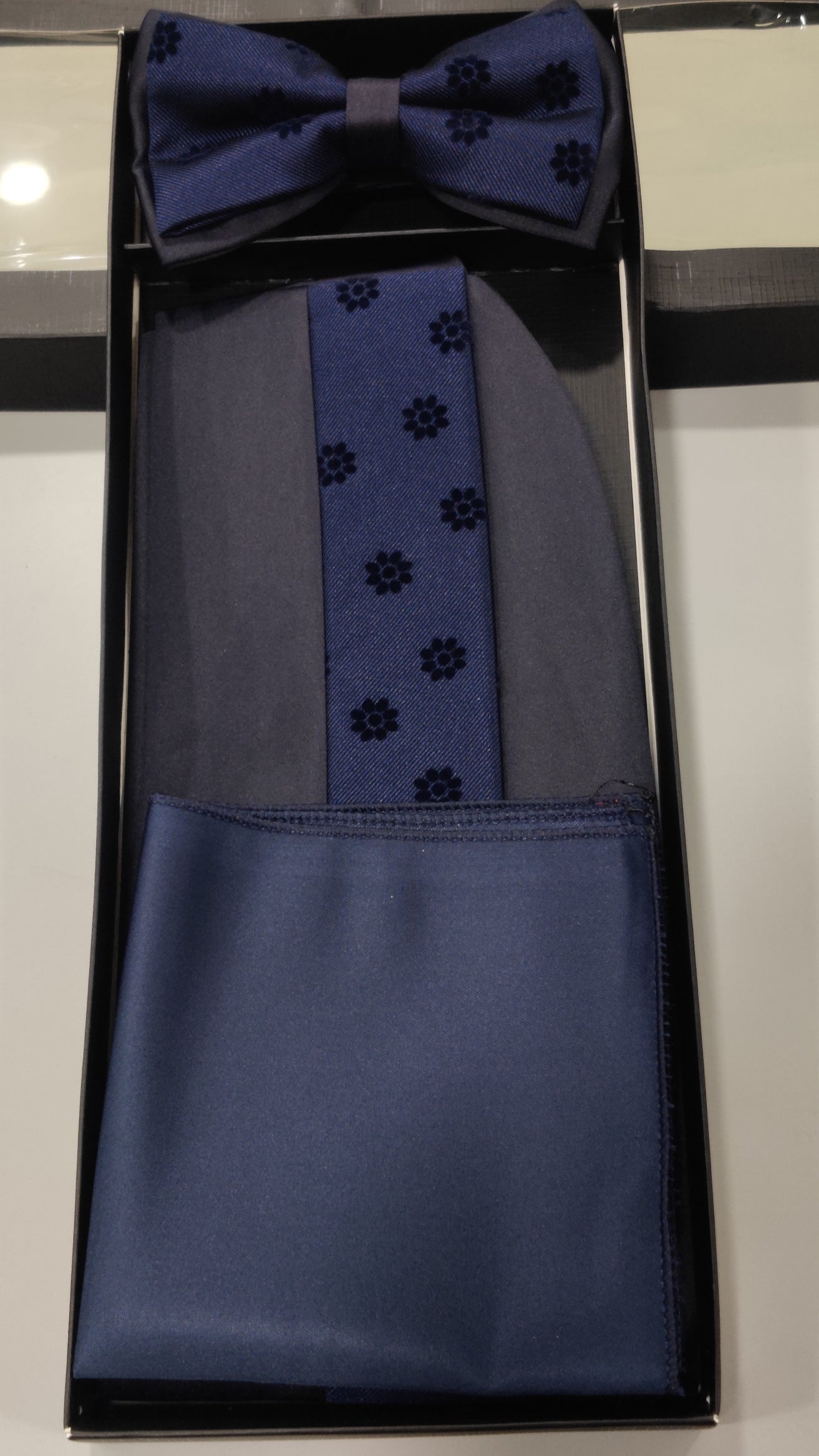 Men’s Imported Tuxedo Accessory Set – Bow Tie, Pocket Square & Cummerbund (Available in Blue Print, White, Royal Blue, and Black)
