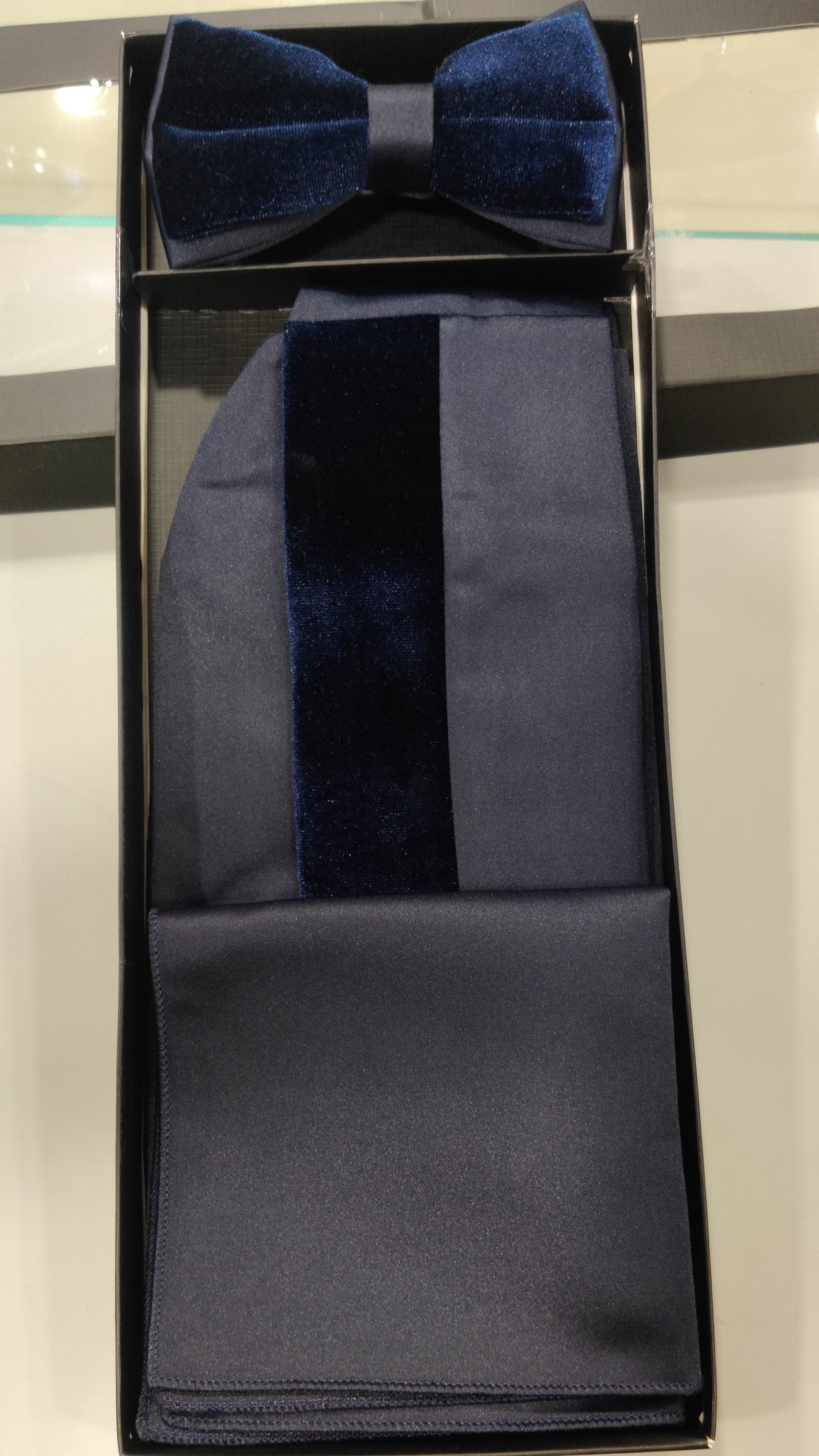 Men’s Imported Tuxedo Accessory Set – Bow Tie, Pocket Square & Cummerbund (Available in Blue Print, White, Royal Blue, and Black)