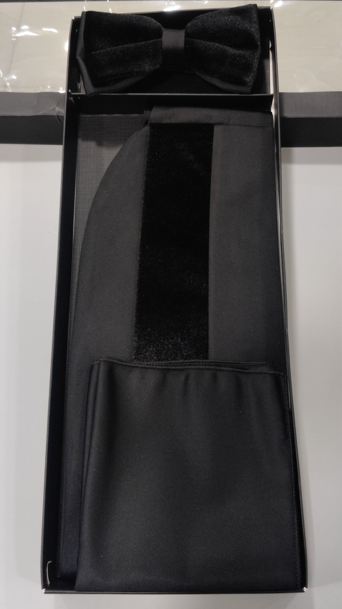 Men’s Imported Tuxedo Accessory Set – Bow Tie, Pocket Square & Cummerbund (Available in Blue Print, White, Royal Blue, and Black)