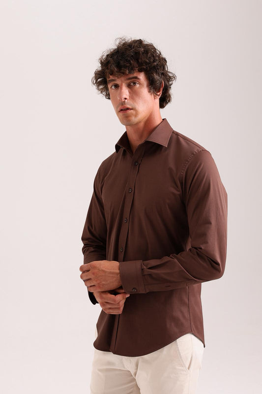Chocolate Brown Stretch Dress Shirt – Semi-Spread Collar (Imported)