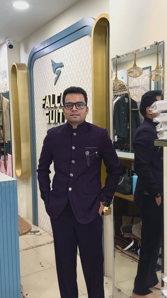 Regal Deep Purple Jacquard Bandhgala Suit