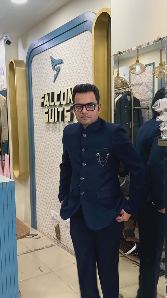 Elegant Blue Jacquard Bandhgala Suit